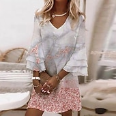 billige Kunst og Design Kjole-Kvinners Mini Kjole Casual Kjole Semi Formell Kjole Petite Kjole Sommerkjole Elegant Ferie Basis Volang Erme Utendørs Ferie Daglig Regular Fit Blomster 3/4 Erme V Utringning Rosa Blå