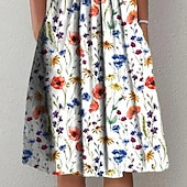 preiswerte Blumenkleid-Damen Midi Kleid Freizeitkleid Floral Kleid Weiß Kurzarm Floral Raffung Frühling Sommer Rundhalsausschnitt Basic Alltag Urlaub Wochenende