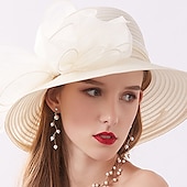 billige Partyhatter-Kentucky Derby Hatt Hatter Organza Halmsupphatt Halmlue Solhatt Uformell Ferie Melbourne Cup Cocktail Royal Ascot Vintage Stil Elegant Med Sløyfebånd Applikasjoner Hodeplagg Hodebekledning Race Day