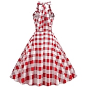 halpa Mekot-naisten 1950-luvun audrey hepburn riimu keinu mekko 100 % puuvillaa flare mekko retro vintage gingham check päivittäiset vaatteet teekutsut rento päivittäinen hihaton istuvuus&amp;amp; soihduttava mekko