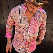cheap Ethnic Pattern-Men&#039;s Paisley Tribal Shirt Boho Shirt Long Sleeve Fashion Designer Casual Outdoor Casual Daily Spring &amp;  Fall Turndown 3D Button-Down Light Pink Yellow Blue Green