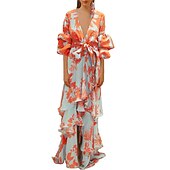 abordables Robes de vacances-Robe balançoire femme boho robe longue robe maxi robe bleu jaune vert clair floral à lacets manches lanterne printemps été robe profonde v ourlet irrégulier week-end coupe ample 2023 s m l xl xxl