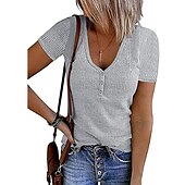 cheap Plain tee-Women&#039;s Henley Shirt T shirt Tee Black White Pink Plain Button Short Sleeve Casual Daily Sexy Round Neck Regular S