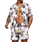 お買い得  メンズプリントシャツセット-男性用 グラフィック シュロの葉 熱帯植物 2個 シャツセット アロハシャツ 半袖 ショートパンツ 折襟 デザイナー ビーチスタイル バケーション カジュアル 日常 3D 夏 シルバー レッド-ホワイト グリーン-ブラック