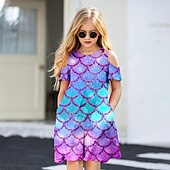 cheap 3D Shining Vision Dress-Girls&#039; 3D Mermaid Dress Short Sleeve 3D Print Summer Spring Vacation Daily Holiday Cute Casual Sweet Kids 3-12 Years A Line Dress Above Knee Regular Fit