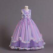 preiswerte Partykleider-Kinder Mädchen Kleid Blume ärmellos Performance Party Spitze süßes Polyester knielanges Tüllkleid Sommer Frühling Herbst 4–13 Jahre blau