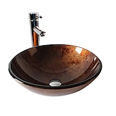 お買い得  洗面ボウル-丸い芸術的な洗面化粧台シンクバスルーム容器強化ガラスボウル16.5インチ、ポップアップ排水管付きアート洗面台ミキサー蛇口セット、カウンター洗面所の上のボート型カウンタートップ