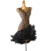 voordelige Latin danskleding-dans salsa latin dansjurk luipaardprint ruches damestraining mouwloos hoog spandex