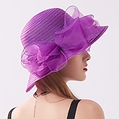 billige Partyhatter-Kentucky Derby Hatt Hatter Organza Halmsupphatt Halmlue Solhatt Uformell Ferie Melbourne Cup Cocktail Royal Ascot Vintage Stil Elegant Med Sløyfebånd Applikasjoner Hodeplagg Hodebekledning Race Day