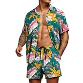 お買い得  メンズプリントシャツセット-男性用 グラフィック シュロの葉 熱帯植物 2個 シャツセット アロハシャツ 半袖 ショートパンツ 折襟 デザイナー ビーチスタイル バケーション カジュアル 日常 3D 夏 シルバー レッド-ホワイト グリーン-ブラック