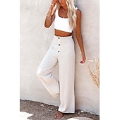 cheap Plain Cotton Linen Pant-Women&#039;s Wide Leg Cotton Linen Pants Baggy Pants Vacation Solid Full Length Mid Waist Elastic Waist Wide Leg Baggy Comfort Micro-elastic Casual Holiday Black White Wine Green Summer Spring Regular Fit