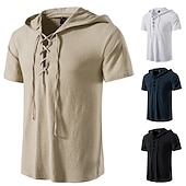 cheap Tops-Medieval Viking T-shirt Cotton Short Sleeve Hooded Shirts Men&#039;s Retro Style Lace up Hippie Matching LARP Costume