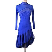 billiga tävlingsklänning-dans salsa latinsk dansklänning kristaller / strass damprestanda långärmad spandex