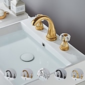cheap Multi Holes-Widespread Bathroom Sink Mixer Faucet, 3 Holes 2 Handle Basin Tap, Retro Style Crystal Handle Brass Bathroom Sink Faucet Contain with Supply Lines and Hot Cold Water Hose Deck Mounted