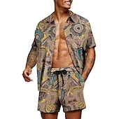 お買い得  メンズプリントシャツセット-男性用 グラフィック シュロの葉 熱帯植物 2個 シャツセット アロハシャツ 半袖 ショートパンツ 折襟 デザイナー ビーチスタイル バケーション カジュアル 日常 3D 夏 シルバー レッド-ホワイト グリーン-ブラック