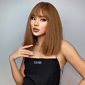 voordelige Synthetische trendy pruiken-synthetische pruik natuurlijk recht met pony pruik 16 inch ombre bruin synthetisch haar vrouwen natuurlijke mode pluizig bruin