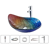 economico Lavabi da appoggio-lavabo da bagno rettangolare 21 &quot;x15&quot;, miscelatore lavabo e scarico combinato con scarico a scomparsa, lavabo artistico in vetro temperato colorato a forma di barca, lavabo da appoggio sopra lavabo lavabo artistico
