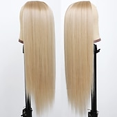 voordelige Topkwaliteit pruiken-blonde synthetische pruiken lang steil haar gemengd platina blond natuurlijke haarlijn hittebestendige vezel pruiken voor modieuze vrouwen