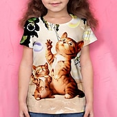 preiswerte Mädchen 3D Tiere-Mädchen 3D Tier Katze T-Shirt Kurzarm 3D-Druck Sommer Aktiv Polyester kinderkleidung 4-12 Jahre Schulanfang Freizeitskleidung Regular Fit
