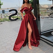 abordables VERT-Mariage Plage Robe de Soirée A-Line Style Célébrité Robe Prom Longueur de Sol Manches Courtes Col V Automne Invité de Mariage Satin avec Fente