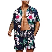 お買い得  メンズプリントシャツセット-男性用 グラフィック シュロの葉 熱帯植物 2個 シャツセット アロハシャツ 半袖 ショートパンツ 折襟 デザイナー ビーチスタイル バケーション カジュアル 日常 3D 夏 シルバー レッド-ホワイト グリーン-ブラック