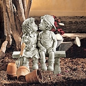 abordables esculturas y estatuas de jardín-Primer beso resina jardín estatua cachorro amor niña y niño besándose yarda estatuilla en miniatura decoración de jardín