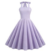 abordables Vestidos-Vestido de mujer de la década de 1950 audrey hepburn halter swing vestido 100% algodón flare vestido retro vintage gráfico check diario fiesta de té casual diario sin mangas ajuste&amp;amp; vestido