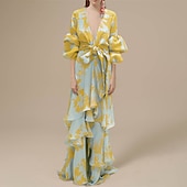 abordables Robes de vacances-Robe balançoire femme boho robe longue robe maxi robe bleu jaune vert clair floral à lacets manches lanterne printemps été robe profonde v ourlet irrégulier week-end coupe ample 2023 s m l xl xxl
