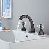 cheap Multi Holes-Widespread Bathroom Sink Mixer Faucet, Brass Basin Taps 2 Handle 3 Hole Retro Style Crystal Handle, Washroom Bath with Hot and Cold Water Hose