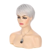 abordables Perruques de fête-perruques gris argenté cheveux courts coupe lutin perruque droite avec frange synthétique cosplay perruques complètes pour femmes résistant à la chaleur costume de carnaval fête