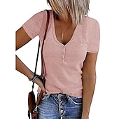 cheap Plain tee-Women&#039;s Henley Shirt T shirt Tee Black White Pink Plain Button Short Sleeve Casual Daily Sexy Round Neck Regular S