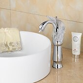 voordelige Klassiek-retro badkamer wastafel mengkraan messing swan shap, monobloc wasruimte wastafelkranen enkele handgreep een gat badrandcombinaties, mono watervat kraan warme en koude slang antiek