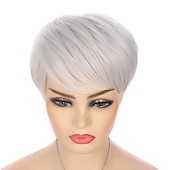 abordables Perruques de fête-perruques gris argenté cheveux courts coupe lutin perruque droite avec frange synthétique cosplay perruques complètes pour femmes résistant à la chaleur costume de carnaval fête