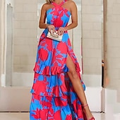cheap Formal Dresses-Women&#039;s Swing Dress Maxi long Dress Blue Sleeveless Print Abstract Layered Split Cold Shoulder Spring Summer Halter Neck Cold Shoulder Personalized Stylish Vacation 2023 S M L XL XXL / 3D Print