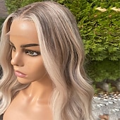 levne Paruky z přírodních vlasů se síťkou ofina-platinová jasanová blond krajka vpředu lidské vlasy paruky 13x4 krajková přední paruka tmavě blond kořínky předem vytrhané 130%/150%/180% hustota dlouhá vlnitá paruka pro ženy