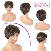 economico parrucca più vecchia-parrucche corte di capelli neri castani con frangetta parrucche nere pixie tagliate per le donne anziane misti punti salienti marrone scuro parrucche sintetiche a strati shaggy parrucca naturale