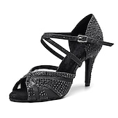 abordables Chaussures de danses latines-chaussures de danse à strass argentées pour femmes avec lanières croisées - talons ouverts pour salle de bal et latine