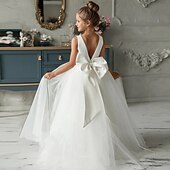 billige Blomsterkjoler-Barn Litt Jente Kjole Ensfarget Kjole med A-linje Ytelse Bryllup Fest Netting Åpen rygg Sløyfe Hvit Bomull Tyll Asymmetrisk Ermeløs Elegant Prinsesse Søt Kjoler Vår Sommer Normal 3-12 år / Høst