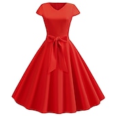 tanie Sukienki-Retro / vintage Lata 50. Sukienka z linii Rockabilly Sukienka huśtawka Krótki kimonowy Łuk Równina W serek Strój na bal maskowy Damskie Bal maskowy Spotkanie towarzyskie Herbaciane przyjęcie Codzienne