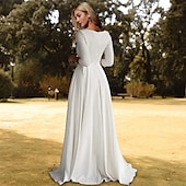 cheap Casual Wedding Dresses-Hall Casual Wedding Dresses A-Line Scoop Neck 3/4 Length Sleeve Sweep / Brush Train Stretch Fabric Bridal Gowns With Pleats Solid Color 2025