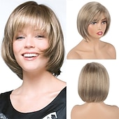 economico parrucca più vecchia-parrucche corte di capelli neri castani con frangetta parrucche nere pixie tagliate per le donne anziane misti punti salienti marrone scuro parrucche sintetiche a strati shaggy parrucca naturale