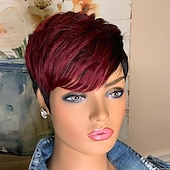 baratos Perucas capless de cabelo natural-vermelho borgonha 99j ombre cor curto ondulado bob pixie cut perucas máquina completa feita sem renda perucas de cabelo humano com franja para mulheres negras 1b99j