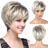 economico parrucca più vecchia-parrucche corte di capelli neri castani con frangetta parrucche nere pixie tagliate per le donne anziane misti punti salienti marrone scuro parrucche sintetiche a strati shaggy parrucca naturale