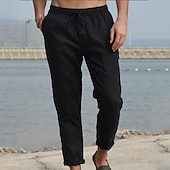 cheap Holiday-Men&#039;s Linen Pants Trousers Summer Pants Pocket Drawstring Plain Comfort Breathable Ankle-Length Casual Daily Going out Simple Casual Black White Micro-elastic