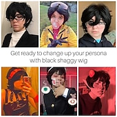 economico Parrucche uomo-parrucca cosplay emo nera corta parrucca maschile nera uomini donne parrucca anime halloween a strati