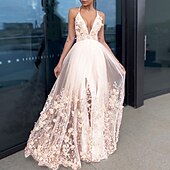 baratos Vestidos Baile Formatura-Vestido A-Line de Noite Floral Convidada de Casamento Retorno Comprimento Total Mangas Cortas Decote em V Tule com Drapeados Apliques 2025