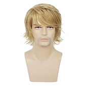 cheap Mens Wigs-Mens Blonde Wig Short Fluffy Layered Blonde Wig Natural Synthetic Halloween Cosplay Hair Wig for Male Guy