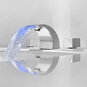 baratos Torneiras Misturadoras-Cachoeira torneira da pia do banheiro luz led latão montado no convés, torneiras de banho generalizadas 2 alças 3 furos com mangueira de água quente e fria