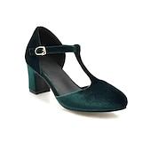 olcso Block Heels-női vintage zöld bársony t-pántos sarok - elegáns blokk sarkú mary jane cipő esti bulikra és hivatalos alkalmakra