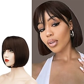 cheap Black &amp; African Wigs-Short Straight Bob Wigs 11 inch Synthetic with Bangs Daily Party Cosplay Hair Wig for Black Women silver gray